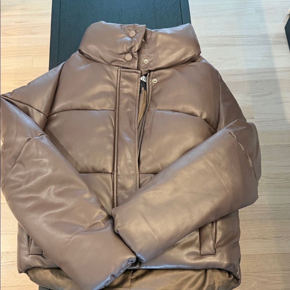 Brown Faux Leather Puffer Jacket